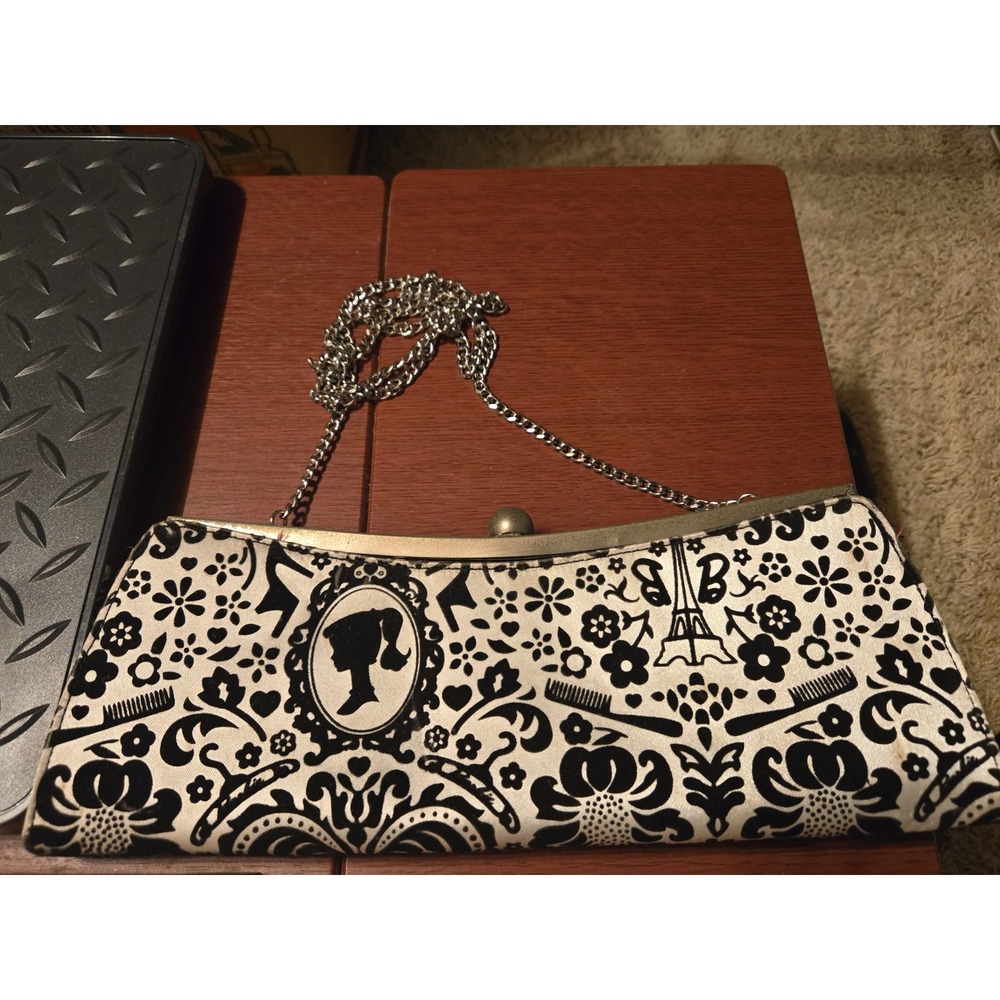 Barbie Luxe Patricia Field Clutch Bag Black White Damask Pink Lining Chain Strap
